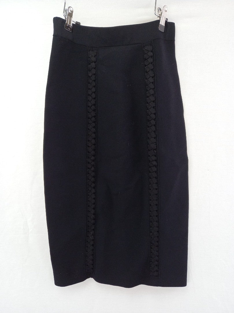 reiss pencil skirt black small ribbon detail straight stretch fabric