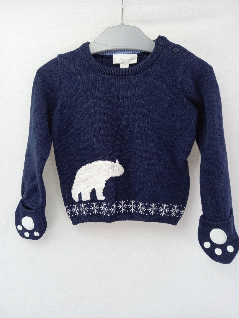 the little white company navy 12-18 mths christmas jumper cotton polar bear mits