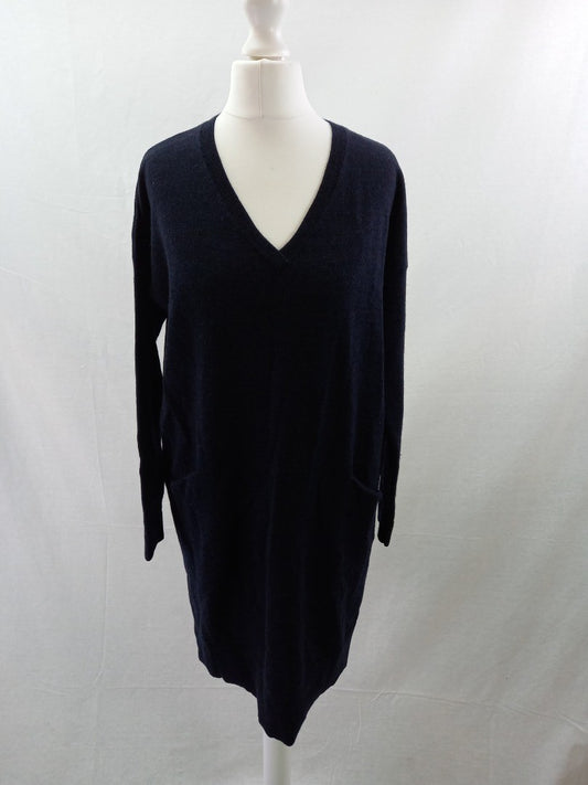 hobbs navy wool dress v neck  size 8 pockets knee length long sleeves