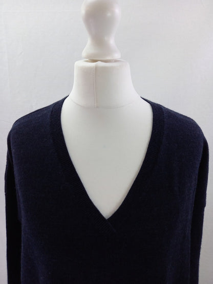 hobbs navy wool dress v neck  size 8 pockets knee length long sleeves