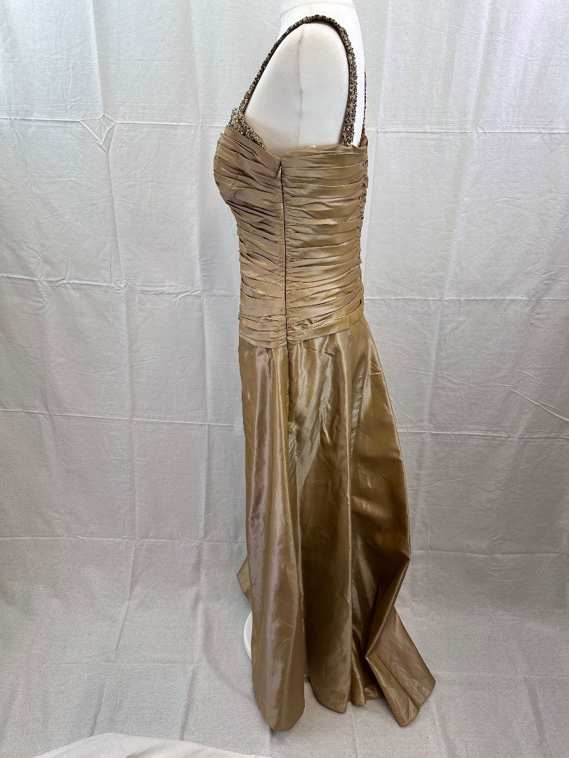 Annoushka Long Gold Ruched Jewelled  Evening Dress Size 12 VGC