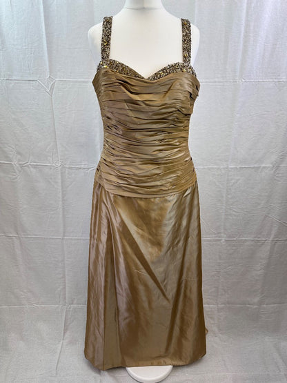 Annoushka Long Gold Ruched Jewelled  Evening Dress Size 12 VGC