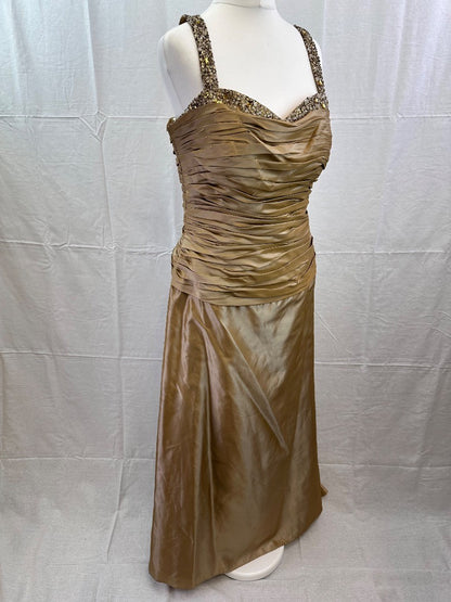 Annoushka Long Gold Ruched Jewelled  Evening Dress Size 12 VGC