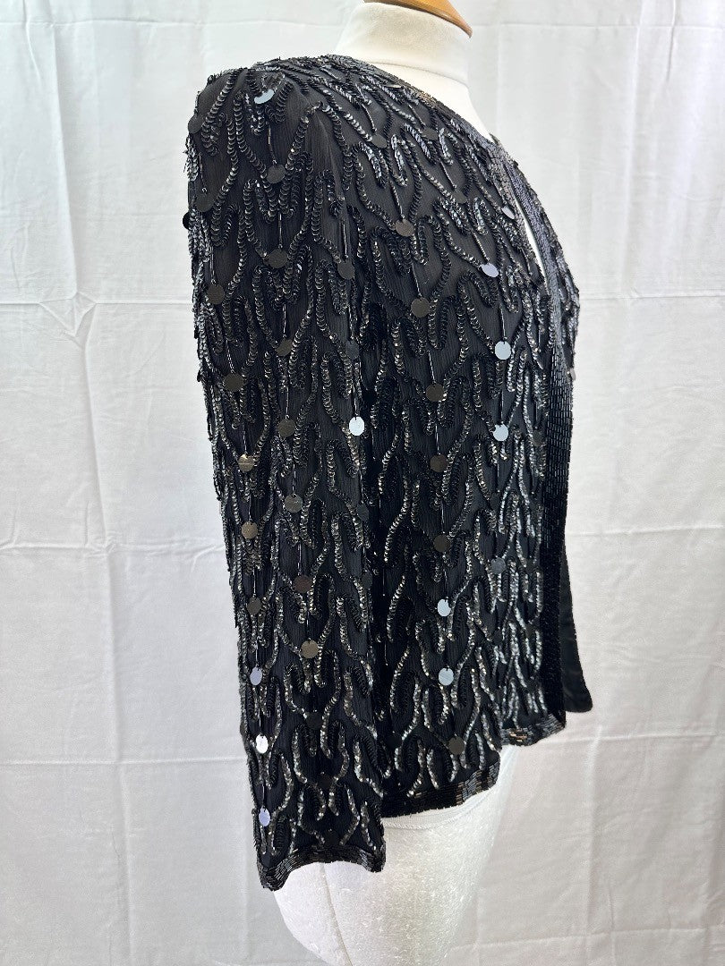 Kuku Sudi Esprit De Soir Black Silk Embellished Lined Jacket Medium