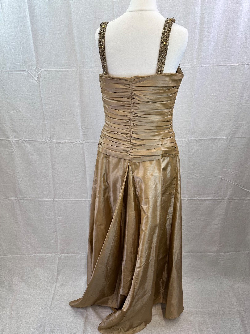 Annoushka Long Gold Ruched Jewelled  Evening Dress Size 12 VGC