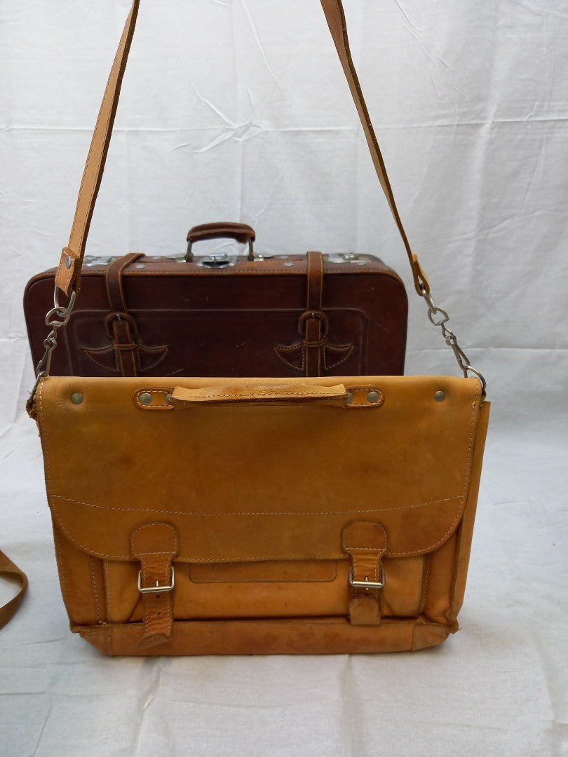 Brown Leather Vintage Suitcase & 2x Soft Leather Tan Messenger Bags