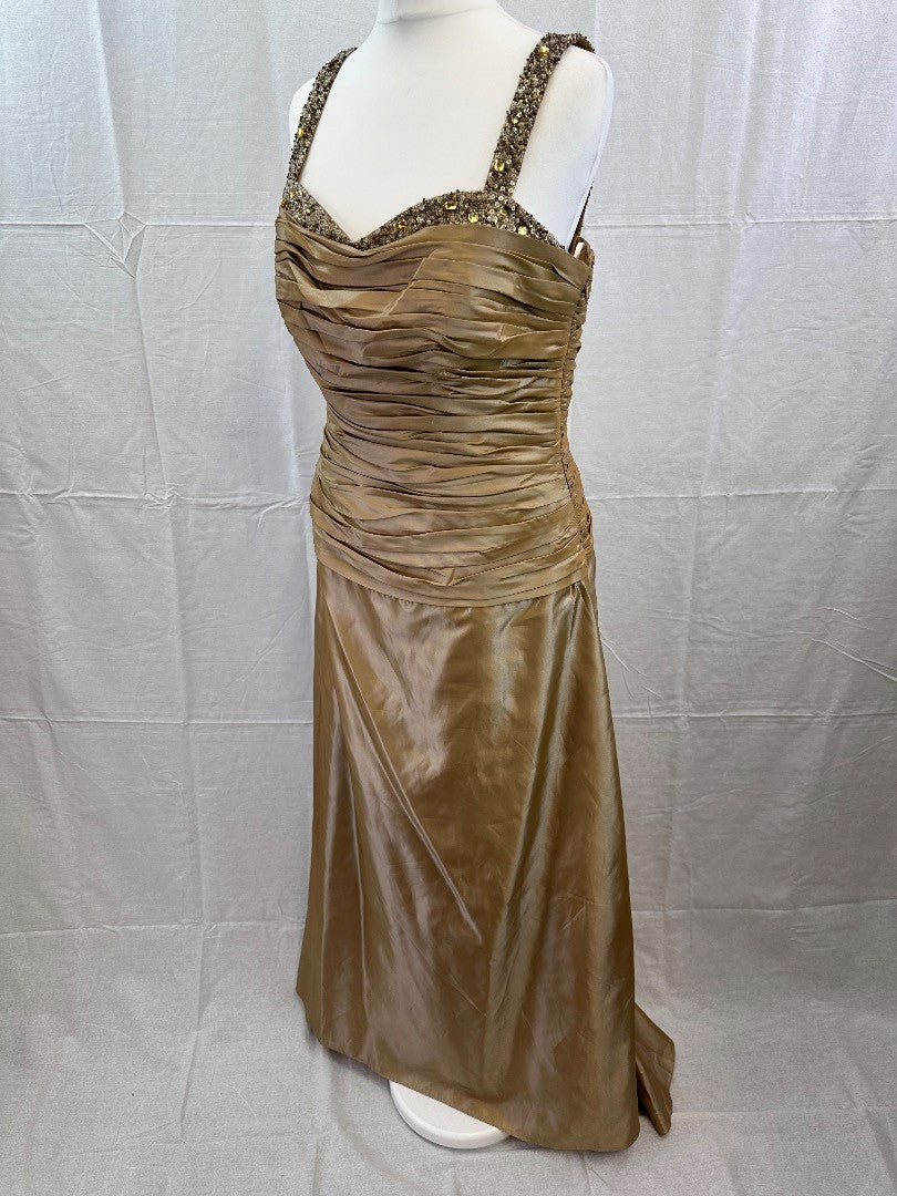 Annoushka Long Gold Ruched Jewelled  Evening Dress Size 12 VGC