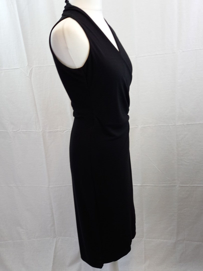 Gharani Strok Asymmetrical Black V Neck Halter Midi Dress - Size UK 10