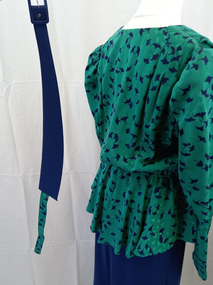 Southfork Dallas Green & Blue Simon Ellis Retro 1980s Vintage Peplum Suit Dress