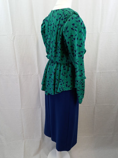 Southfork Dallas Green & Blue Simon Ellis Retro 1980s Vintage Peplum Suit Dress