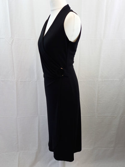 Gharani Strok Asymmetrical Black V Neck Halter Midi Dress - Size UK 10