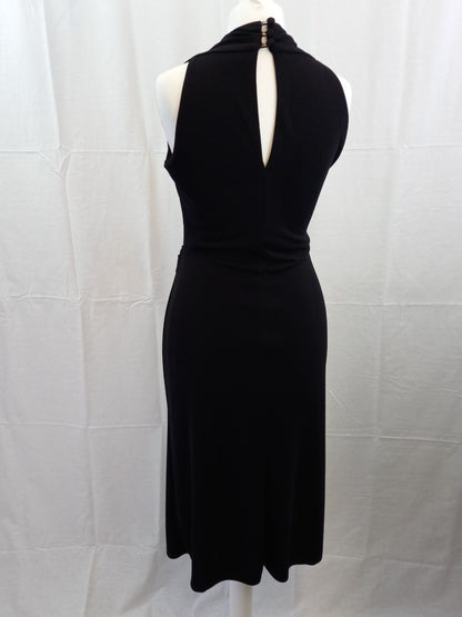 Gharani Strok Asymmetrical Black V Neck Halter Midi Dress - Size UK 10