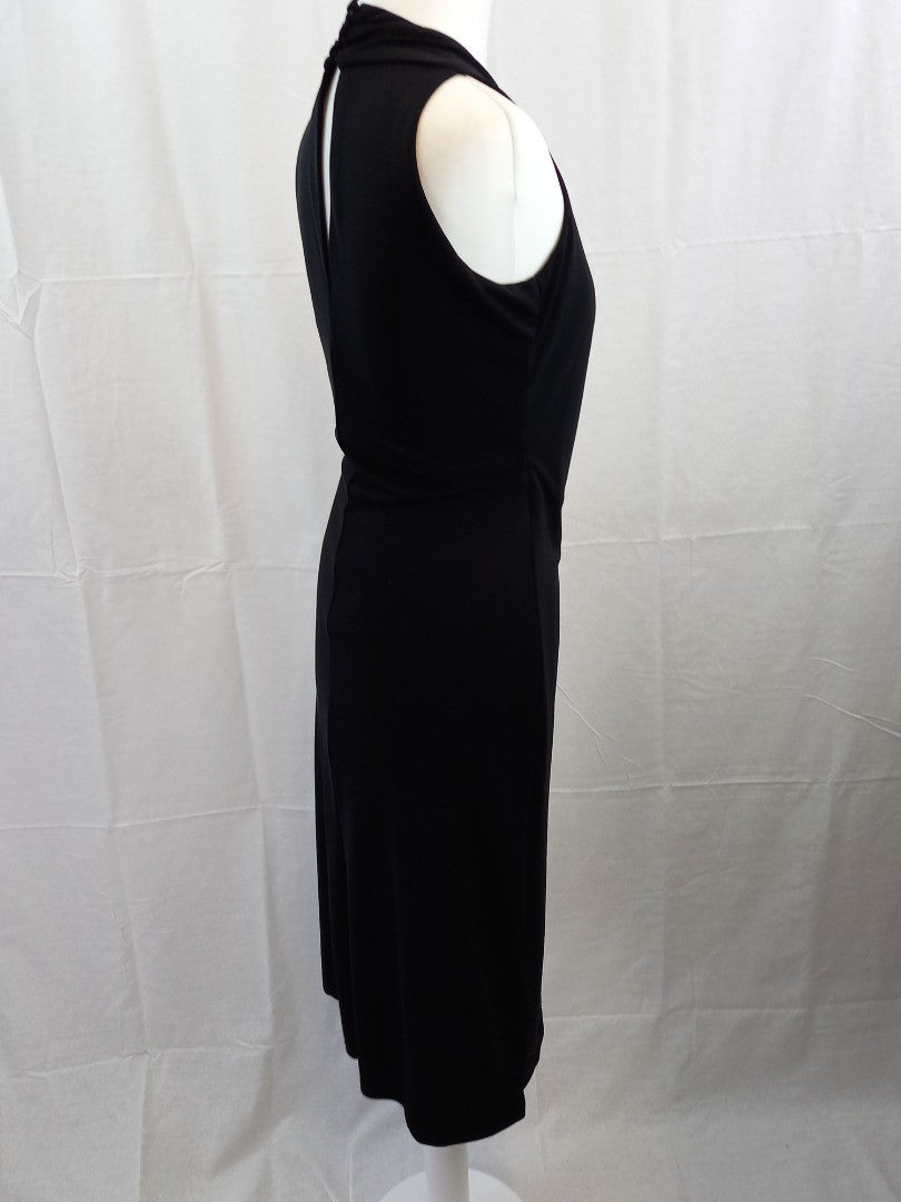 Gharani Strok Asymmetrical Black V Neck Halter Midi Dress - Size UK 10