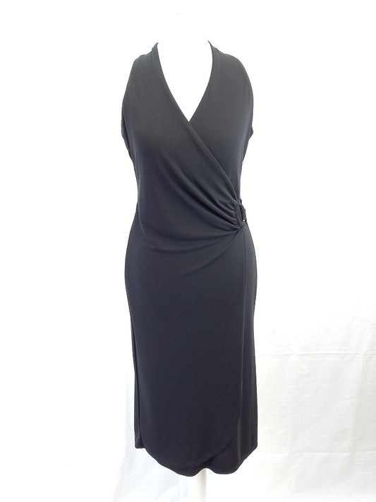 Gharani Strok Asymmetrical Black V Neck Halter Midi Dress - Size UK 10