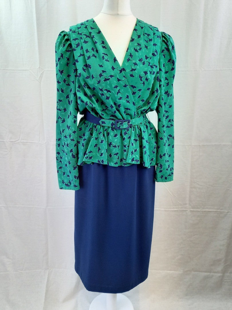 Southfork Dallas Green & Blue Simon Ellis Retro 1980s Vintage Peplum Suit Dress