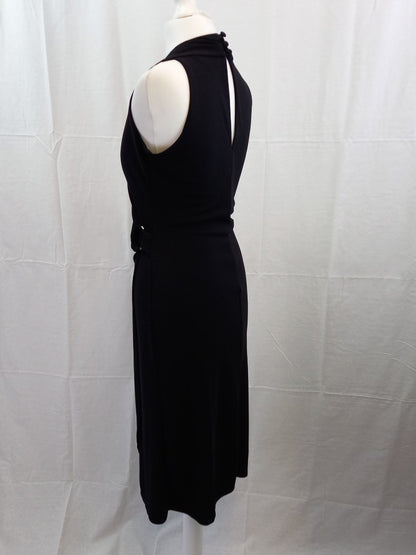 Gharani Strok Asymmetrical Black V Neck Halter Midi Dress - Size UK 10