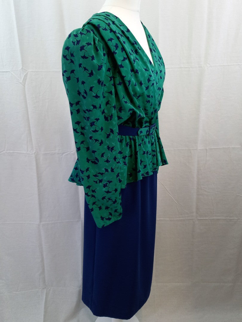 Southfork Dallas Green & Blue Simon Ellis Retro 1980s Vintage Peplum Suit Dress