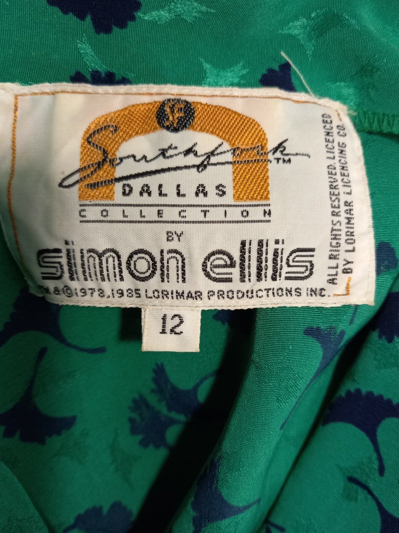 Southfork Dallas Green & Blue Simon Ellis Retro 1980s Vintage Peplum Suit Dress