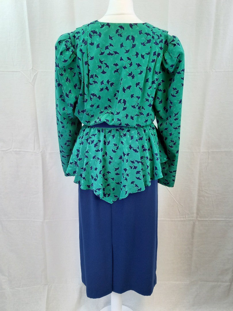 Southfork Dallas Green & Blue Simon Ellis Retro 1980s Vintage Peplum Suit Dress