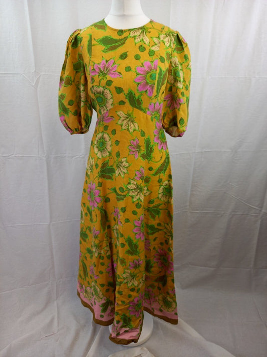 Alemais Yellow Floral Puff Sleeve 100% Linen Maxi Tea Dress - Size UK 8