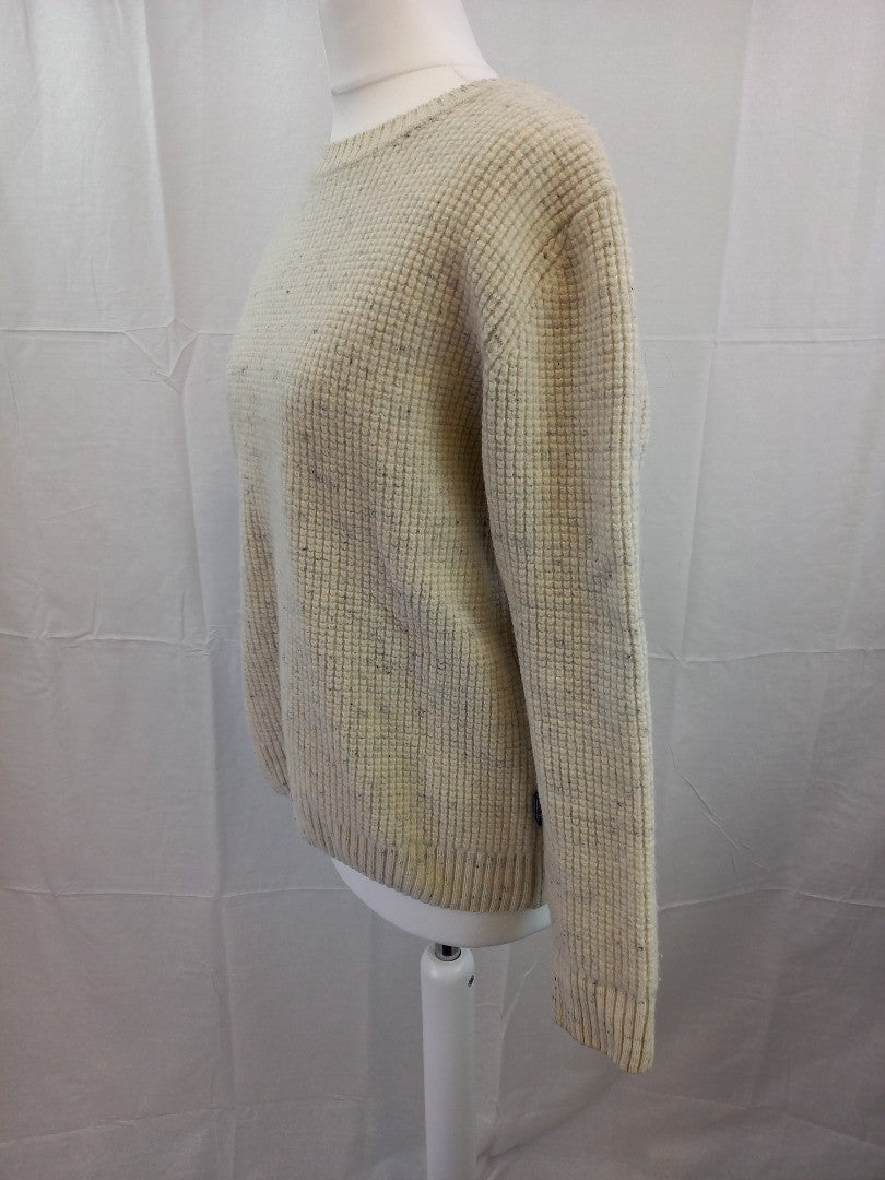 Barbour Off-White Cotton/Wool Blend Ribbed Knitted Jumper - Small