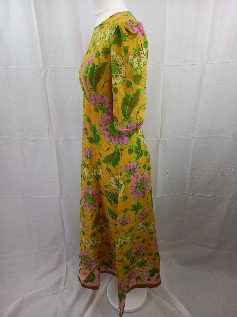 Alemais Yellow Floral Puff Sleeve 100% Linen Maxi Tea Dress - Size UK 8