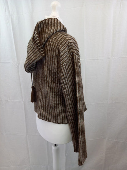 Agnes B Brown Herringbone Striped Knit Wool Blend Hooded Jumper - Size T1