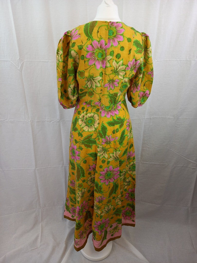 Alemais Yellow Floral Puff Sleeve 100% Linen Maxi Tea Dress - Size UK 8