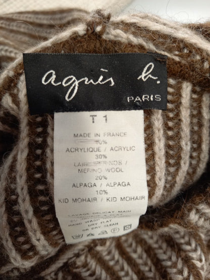 Agnes B Brown Herringbone Striped Knit Wool Blend Hooded Jumper - Size T1