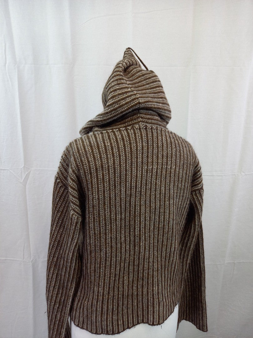 Agnes B Brown Herringbone Striped Knit Wool Blend Hooded Jumper - Size T1