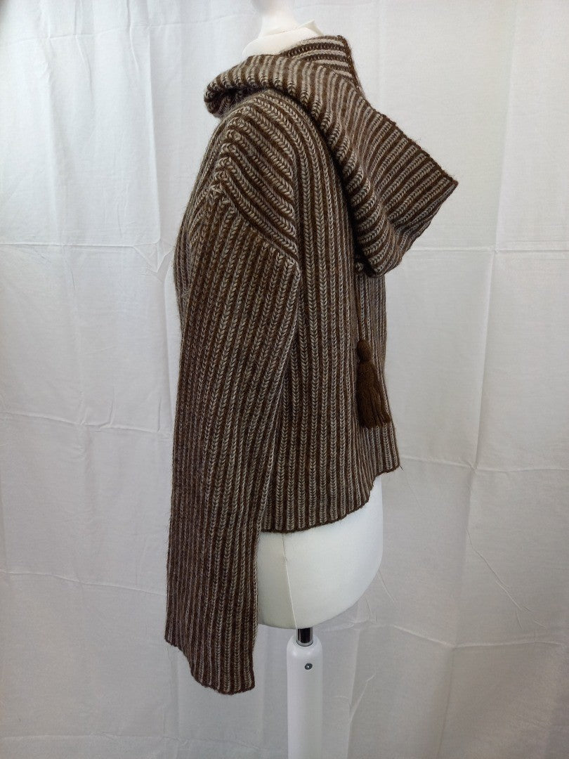 Agnes B Brown Herringbone Striped Knit Wool Blend Hooded Jumper - Size T1