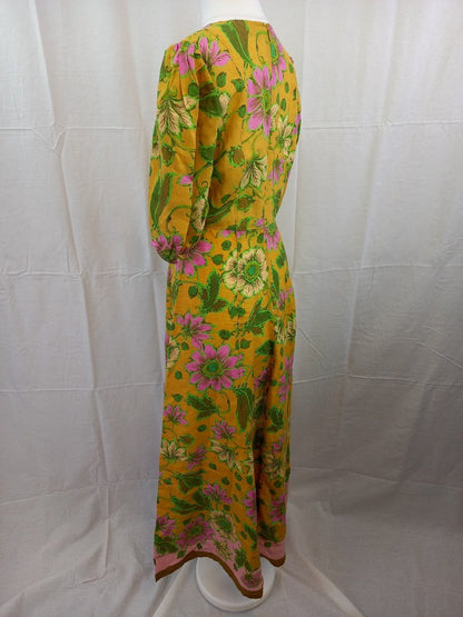 Alemais Yellow Floral Puff Sleeve 100% Linen Maxi Tea Dress - Size UK 8