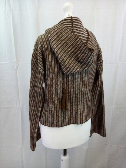 Agnes B Brown Herringbone Striped Knit Wool Blend Hooded Jumper - Size T1