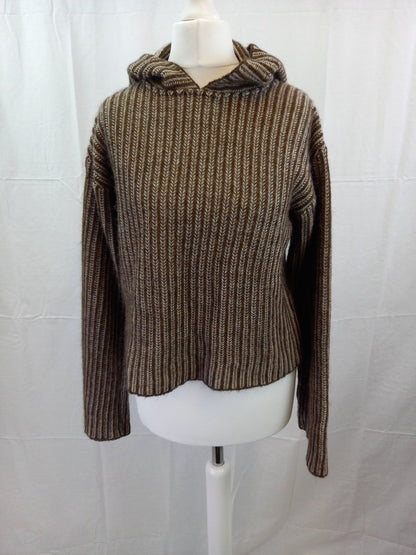 Agnes B Brown Herringbone Striped Knit Wool Blend Hooded Jumper - Size T1