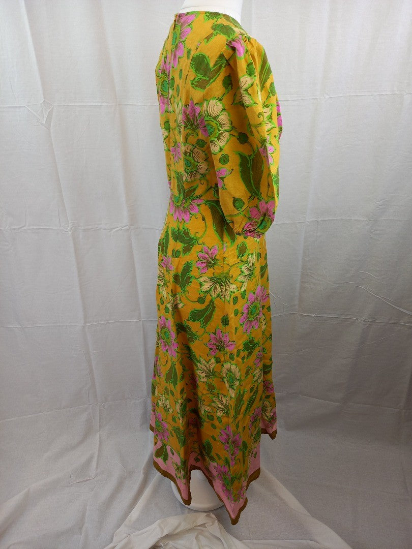 Alemais Yellow Floral Puff Sleeve 100% Linen Maxi Tea Dress - Size UK 8