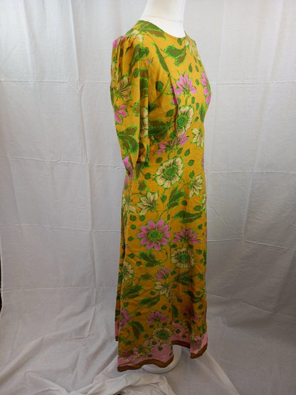 Alemais Yellow Floral Puff Sleeve 100% Linen Maxi Tea Dress - Size UK 8