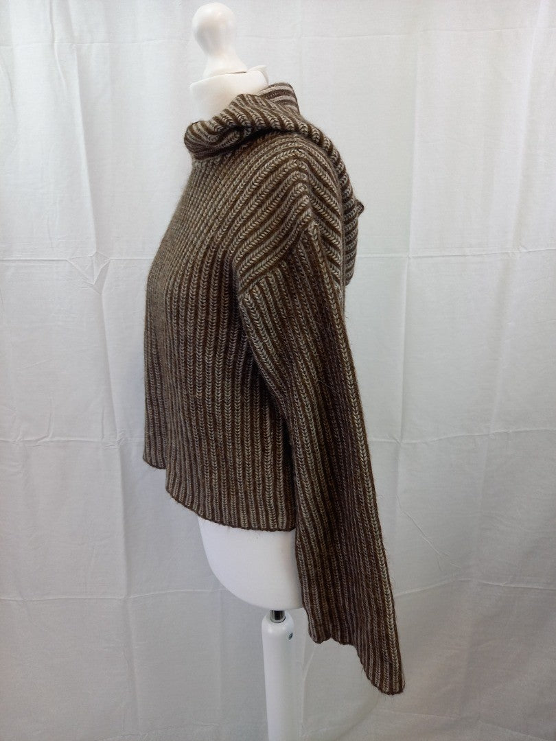 Agnes B Brown Herringbone Striped Knit Wool Blend Hooded Jumper - Size T1