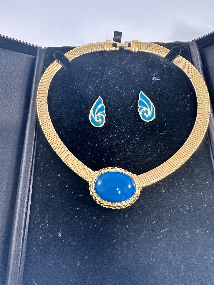 Vintage Trifari Blue Enamel Necklace and Earring Jewellery Set