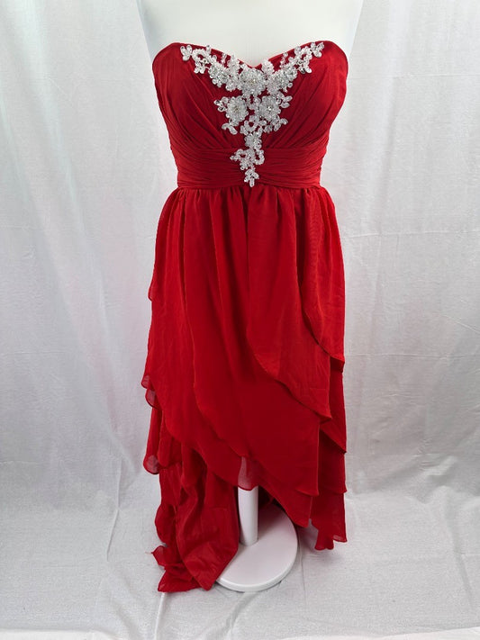 Red Dip Hem Floral Strapless Beaded Evening Prom Dress Size 10+ VGC