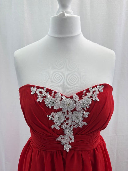 Red Dip Hem Floral Strapless Beaded Evening Prom Dress Size 10+ VGC