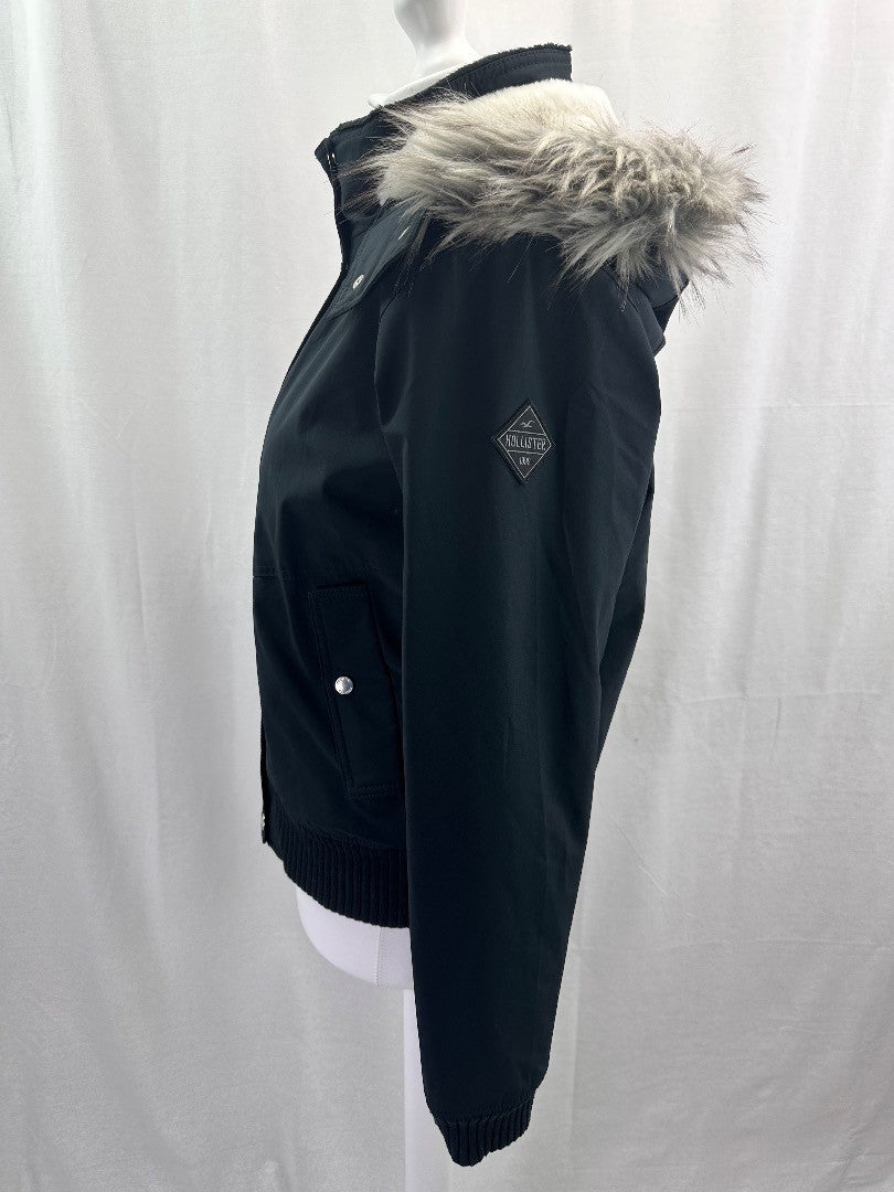 Hollister All-Weather Black Coat White Faux Fur Lining - Size L