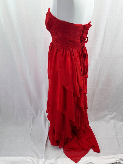 Red Dip Hem Floral Strapless Beaded Evening Prom Dress Size 10+ VGC