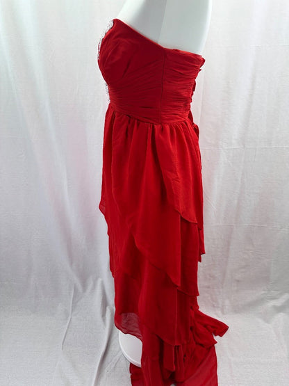 Red Dip Hem Floral Strapless Beaded Evening Prom Dress Size 10+ VGC