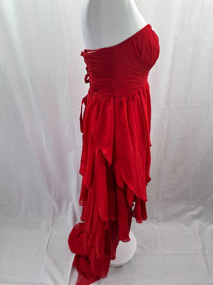 Red Dip Hem Floral Strapless Beaded Evening Prom Dress Size 10+ VGC