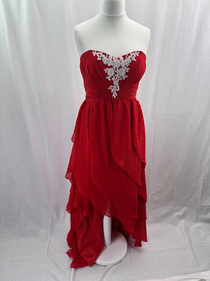 Red Dip Hem Floral Strapless Beaded Evening Prom Dress Size 10+ VGC