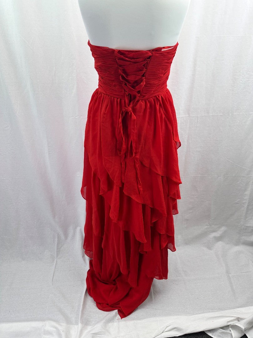 Red Dip Hem Floral Strapless Beaded Evening Prom Dress Size 10+ VGC