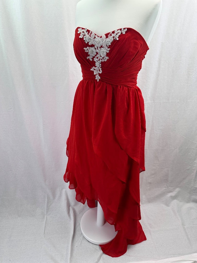 Red Dip Hem Floral Strapless Beaded Evening Prom Dress Size 10+ VGC