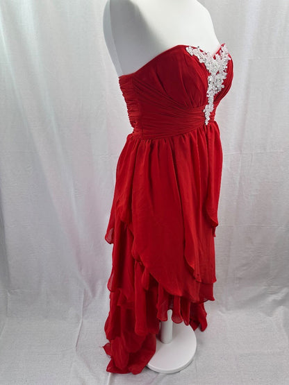 Red Dip Hem Floral Strapless Beaded Evening Prom Dress Size 10+ VGC