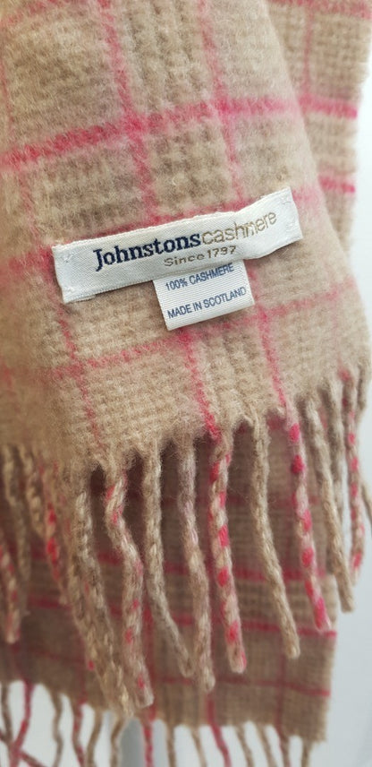 Johnston's Cashmere Pink Oatmeal Check Scarf Rectangular VGC