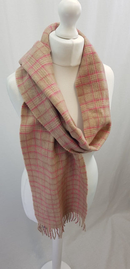 Johnston's Cashmere Pink Oatmeal Check Scarf Rectangular VGC